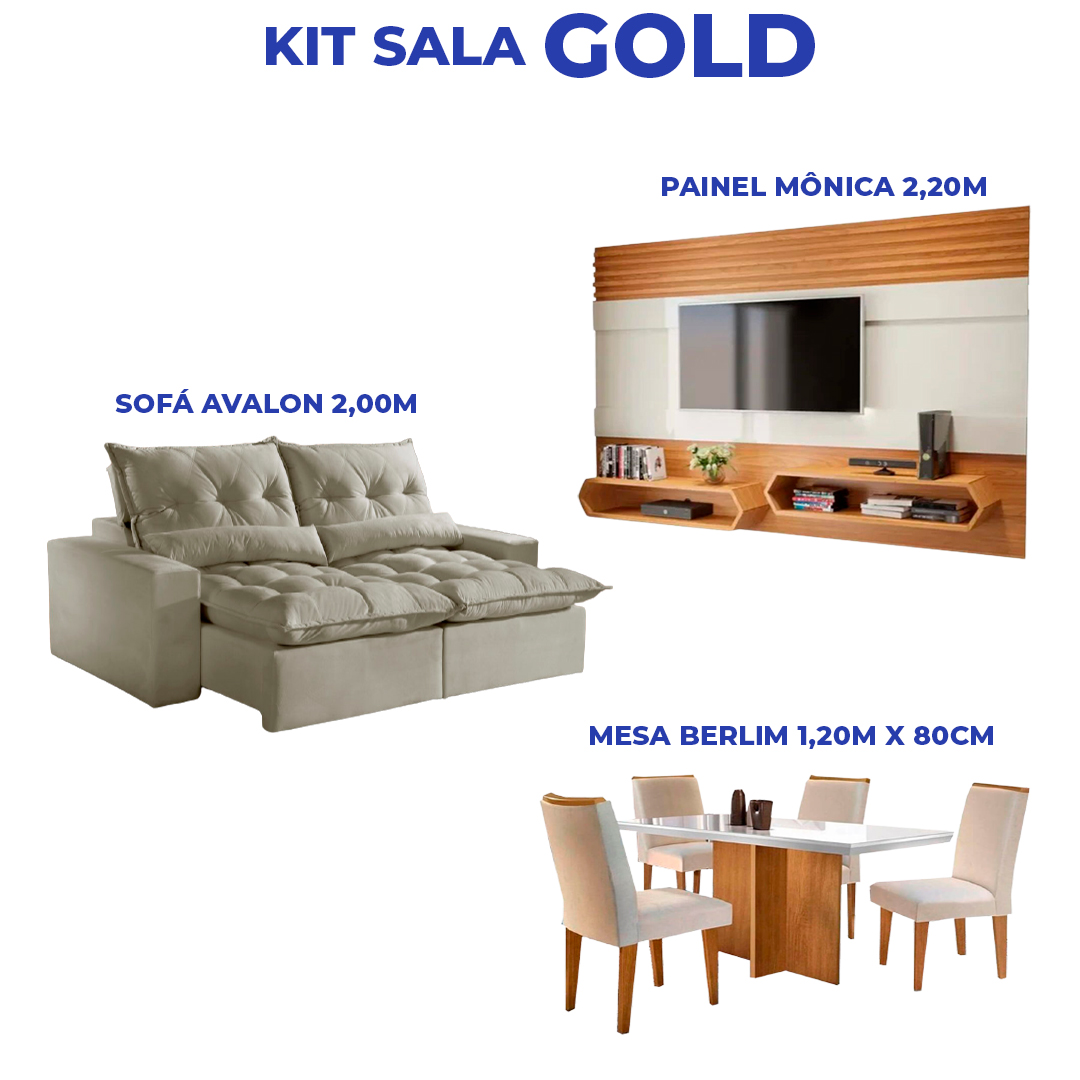 Kit Sala Gold Sofá + Painel + Mesa com 4 Cadeiras (10 OFF