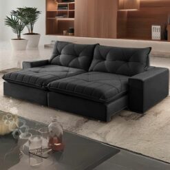 Sofá Retrátil e Reclinável Marfim/Paris 2,50 m Veludo Preto - TREVO ESTOFADOS