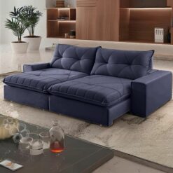 Sofá Retrátil e Reclinável Marfim/Paris 2,50 m Veludo Azul - TREVO ESTOFADOS