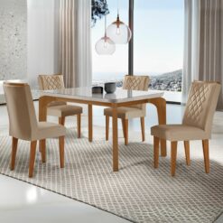 Mesa Londrina 120 Canto Copo Imbuia/Off White com 4 Cadeiras Jade Linho Turim 07 – RUFATO