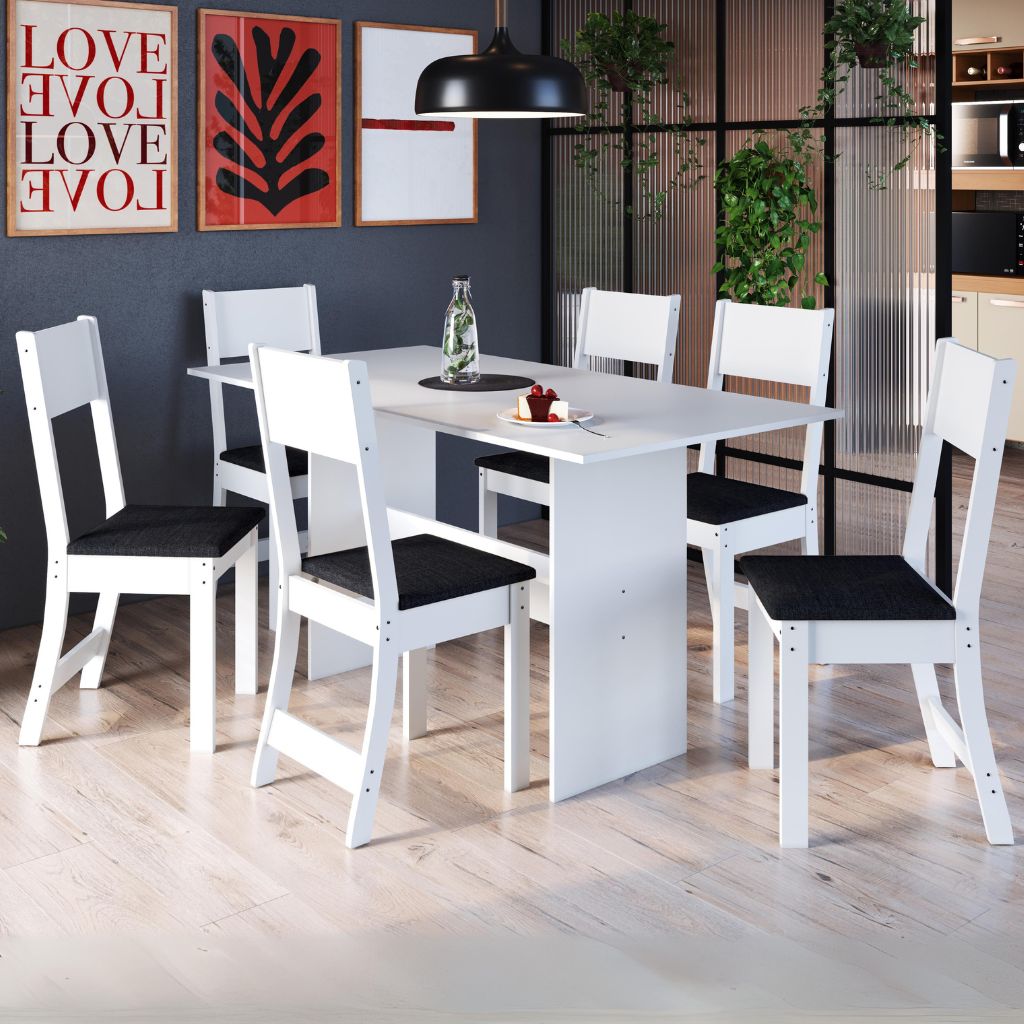 Mesa 6 Cadeiras Karla Branco/Linho Preto - INDÉKES