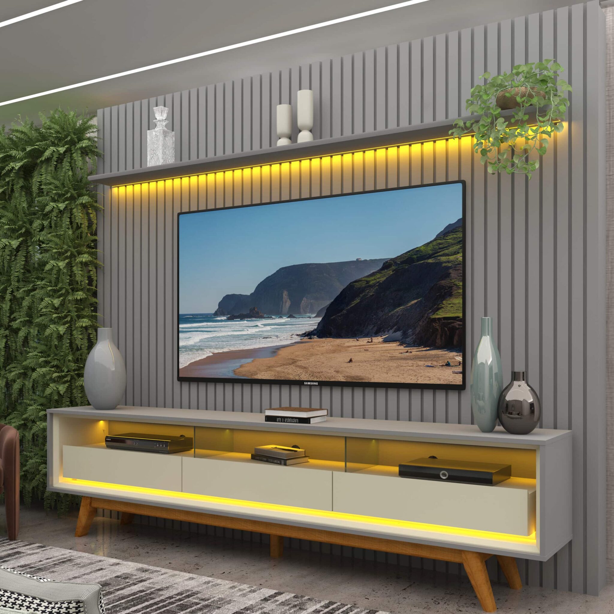 Painel até 85″ Nobre 230 Cinza + Rack Requinte 212 Cinza/Off White ...