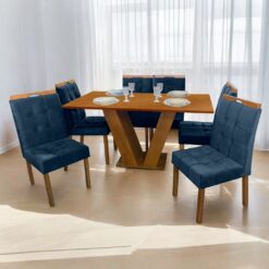 Mesa Classic 160 Cinamomo Laminado com 6 Cadeiras Sophia Veludo Azul – CEL MÓVEIS + WM DECOR