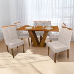 Mesa Classic 160 Cinamomo Laminado com 6 Cadeiras Sophia Mel/Veludo Bege – CEL MÓVEIS + WM DECOR