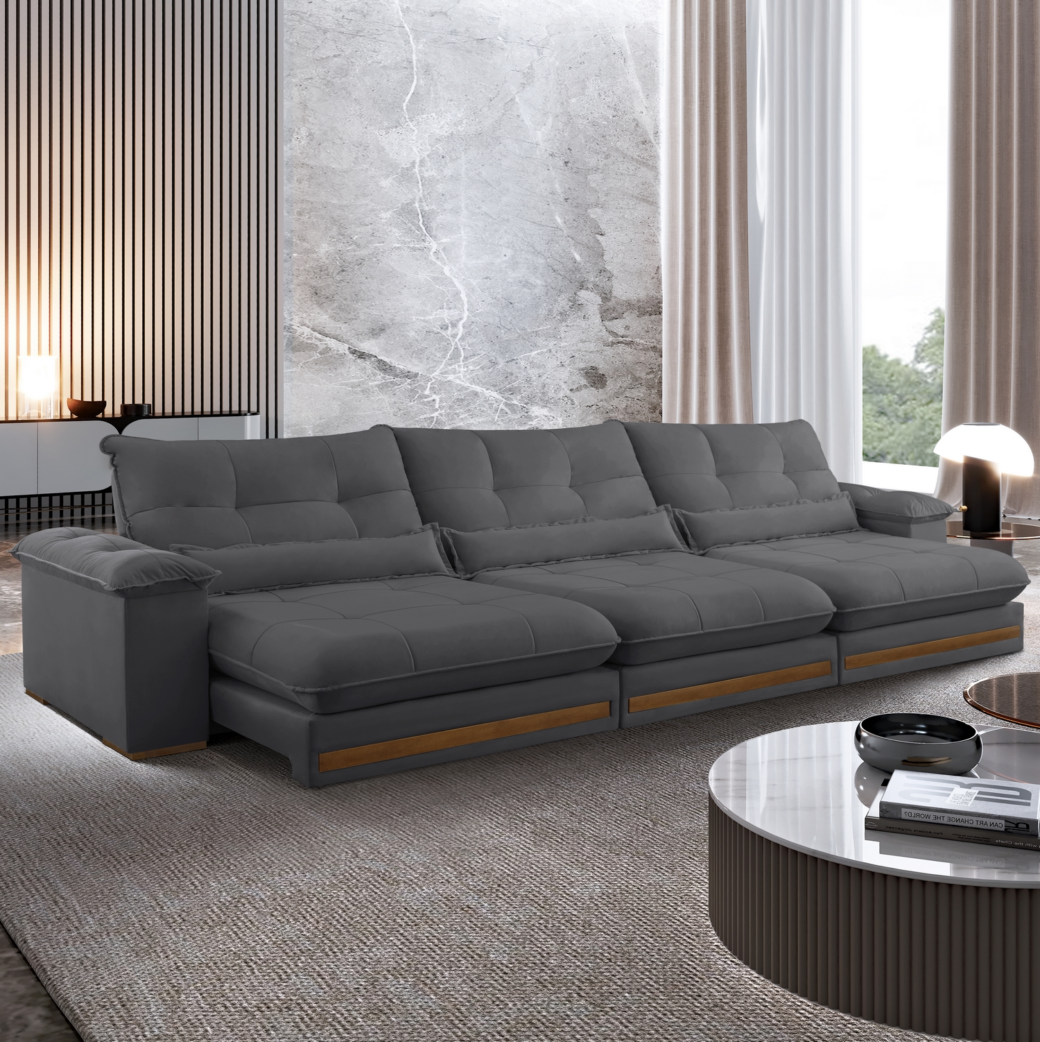 Sofá Retrátil e Reclinável Qatar 3,50 m Veludo Cinza B010 – TREVO ESTOFADOS