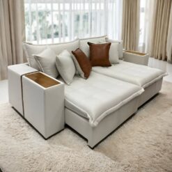 Sofá Cama Retrátil Tebas/Thebas 2,52 m Linho Marfim 12/Courino Dallas 07 – INNOVE ESTOFADOS