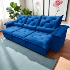 Sofá Retrátil e Reclinável Porto Madero/Brasão 2,75 m Veludo Azul - IMPERIAL DECOR