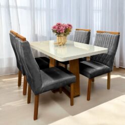Mesa Sintonia (Tampo Maxi) 120 Amêndoa Clean/Off White com 4 Cadeiras Gênova Veludo Grafite – LOPAS + ART ASSENTOS