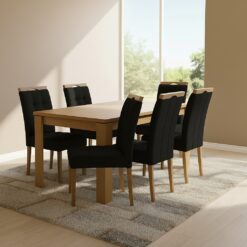 Mesa Athenas 180 Amêndoa Clean com 6 Cadeiras Sophia Veludo Preto – LOPAS + WM DECOR
