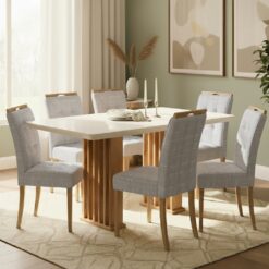 Mesa Mona/Munique 160 Mel/Blonde Off White com 6 Cadeiras Sophia Linho Cinza Prata 206 – VIERO MÓVEIS + WM DECOR