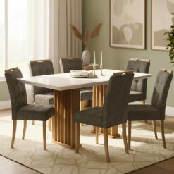 Mesa Mona/Munique 160 Mel/Blonde Off White com 6 Cadeiras Sophia Veludo Cinza Grafite – VIERO MÓVEIS + WM DECOR
