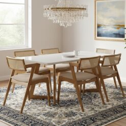 Mesa Miami 160 Canela/Off White com 6 Cadeiras Zeus Canela/Linho Bege – SALA VIP MOVELARIA