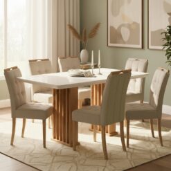 Mesa Mona/Munique 160 Mel/Blonde Off White com 6 Cadeiras Sophia Veludo Bege – VIERO MÓVEIS + WM DECOR