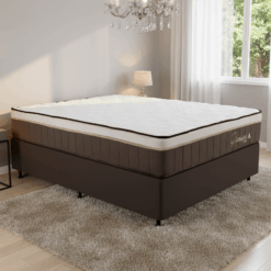 Colchão Casal Rondopremium Plus D33 + Base Box Simples Corino Marrom – RONDOMÓVEIS + BIOSTAR