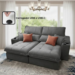 Sofá Retrátil e Reclinável Afrodite Slim 2,90 m Veludo Cinza Grafite 101 – ZARAT ESTOFADOS