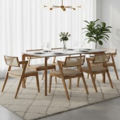 Mesa Roma 160 Canela/Off White com 6 Cadeiras Zeus Canela/Linho Bege – SALA VIP MOVELARIA