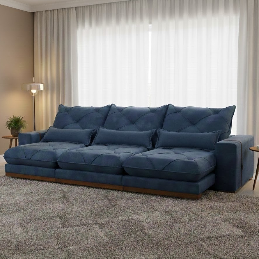 Sofa Retratil e Reclinavel Diamante/Bahia 3,50 m Veludo Azul 209 - PLENA ESTOFADOS