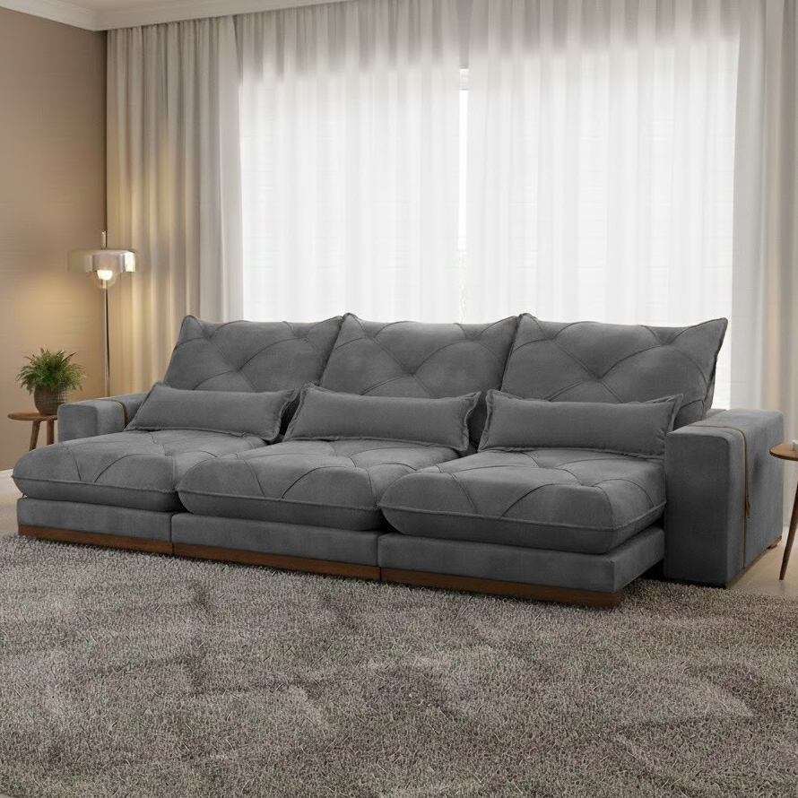 Sofá Retrátil e Reclinável Diamante/Bahia 3,50 m Veludo Cinza Grafite 214 - PLENA ESTOFADOS