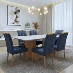 Mesa Apogeu (Tampo Maxi) 170 Amêndoa Clean/Off White com 6 Cadeiras Sophia Veludo Azul – LOPAS + WM DECOR
