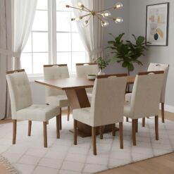 Mesa Classic 160 Cinamomo Laminado com 6 Cadeiras Sophia Linho Bege 200 – CEL MÓVEIS + WM DECOR