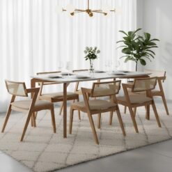 Mesa Roma 160 Canela/Off White com 6 Cadeiras Zeus Canela/Linho Bege – SALA VIP MOVELARIA