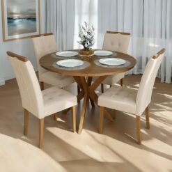 Mesa Redonda Simpatia 108 Cinamomo com 4 Cadeiras Sophia Veludo Bege – JCM MOVELARIA + WM DECOR