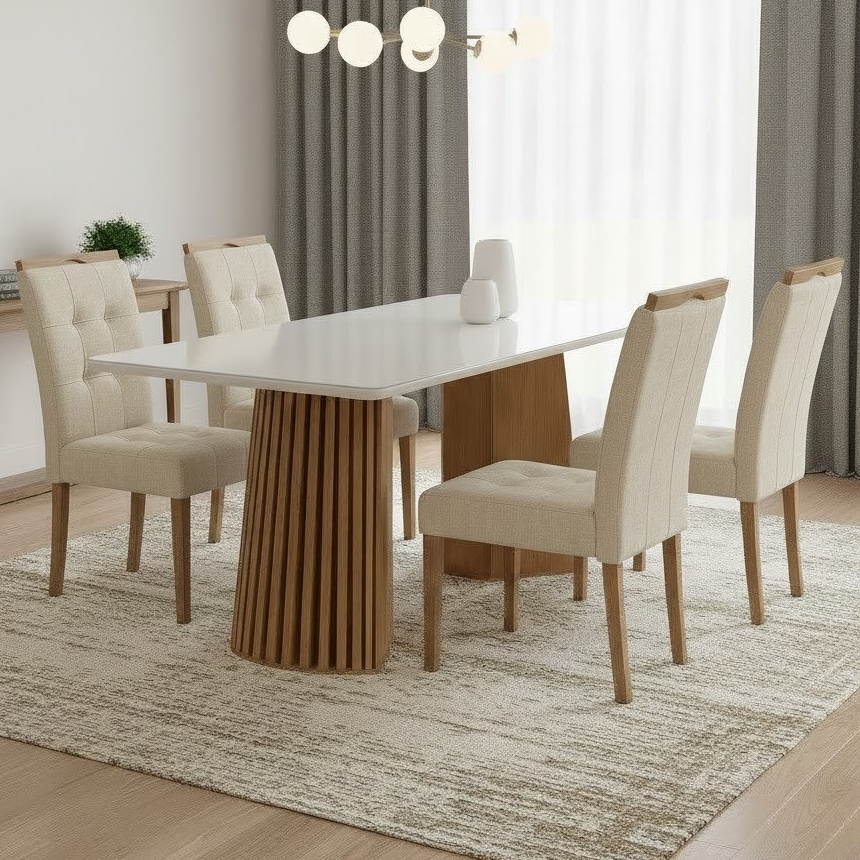 Mesa Nevada 120 (Tampo Smart Plus) Cinamomo/Off White com 4 Cadeiras Sophia Linho Bege 200 – CEL MÓVEIS + WM DECOR