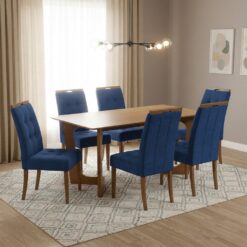 Mesa Dubai 160 (Tampo Londres s/vidro) Cinamomo com 6 Cadeiras Sophia Veludo Azul – CEL MÓVEIS + WM DECOR