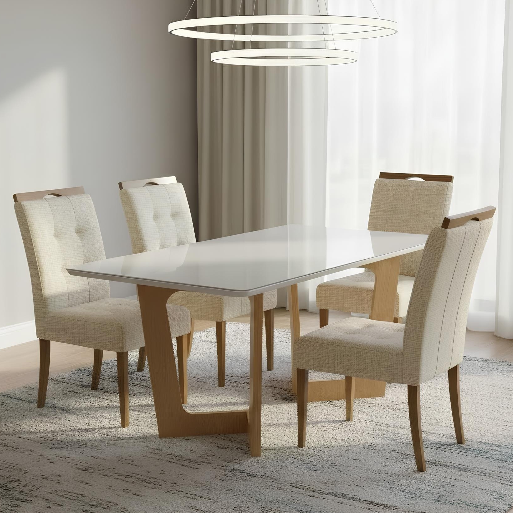 Mesa Dubai 120 (Tampo Londres) Cinamomo/Off White com 4 Cadeiras Sophia Linho Bege 200 – CEL MÓVEIS + WM DECOR