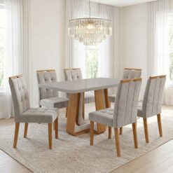 Mesa Sintonia (Tampo Maxi) 170 Amêndoa Clean/Off White com 6 Cadeiras Sophia Veludo Bege – LOPAS + WM DECOR