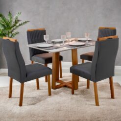 Mesa Pedro 120 Mel/Off White com 4 Cadeiras Gênova Veludo Grafite – ART ASSENTOS