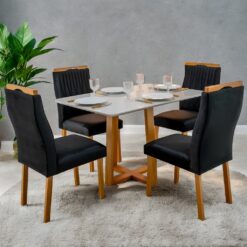 Mesa Pedro 90 Mel/Off White com 4 Cadeiras Gênova Veludo Preto – ART ASSENTOS