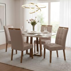 Mesa Pedro 120 Mel/Off White com Cadeiras Sophia/Capri Mel/Veludo Bege – ART ASSENTOS + WM DECOR