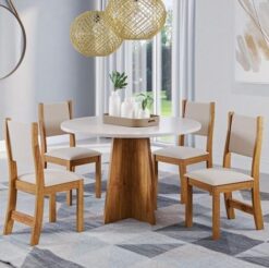 Mesa Redonda Flipp/Slin Mel/Blonde com 4 Cadeiras Sol Linho Bronze – VIERO MÓVEIS