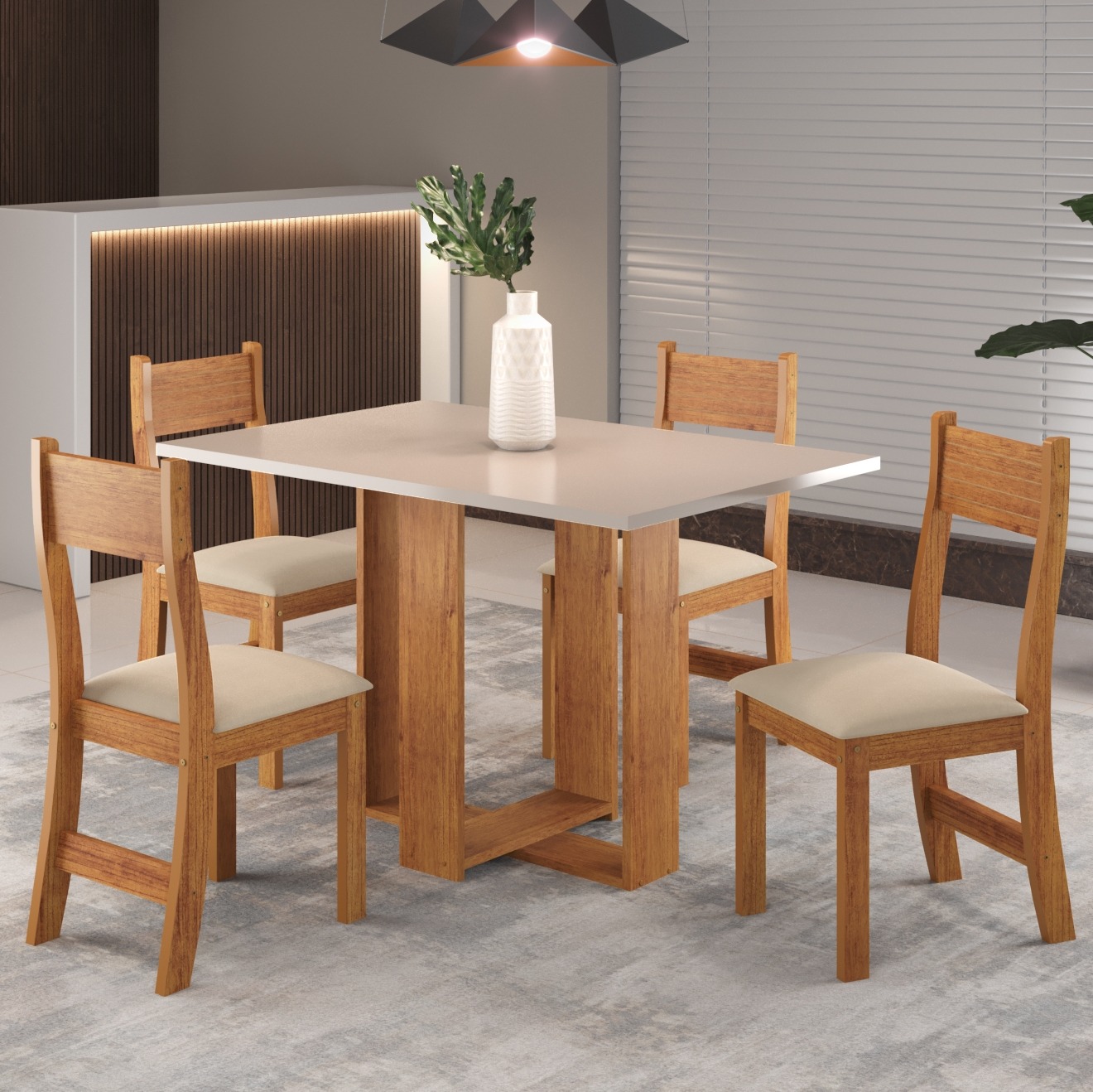 Mesa Magic/Milani Mel/Blonde com 4 Cadeiras Brisa Veludo Marfim – VIERO MÓVEIS