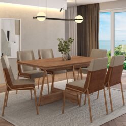 Mesa Átria 1592 Retangular 160 com 6 Cadeiras Hug 1749 Rosê Cobre/Linho Areia/Corino Caramelo - CARRARO