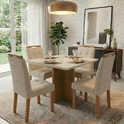 Mesa Salinas 90 Cinamomo/Off White com 4 Cadeiras Sophia Linho Bege 200 – CEL MÓVEIS + WM DECOR