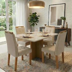 Mesa Salinas 120 Cinamomo/Off White com 4 Cadeiras Sophia Linho Bege 200 – CEL MÓVEIS + WM DECOR