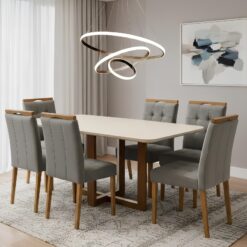 Mesa Atlas Mel/Off White Canto Copo 160×80 com 6 Cadeiras Sophia Veludo Cinza Grafite – ART ASSENTOS + WM DECOR