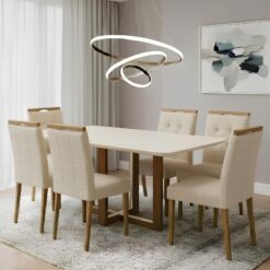 Mesa Atlas Mel/Off White Canto Copo 160×80 com 6 Cadeiras Sophia Linho Bege 200 – ART ASSENTOS + WM DECOR