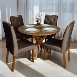Mesa Redonda Simpatia 108 Cinamono com 4 Cadeiras Yasmim Veludo Marrom – JCM MOVELARIA + KM DECOR