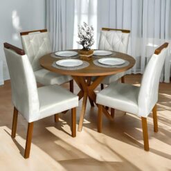 Mesa Redonda Simpatia 108 Cinamono com 4 Cadeiras Yasmim Veludo Bege – JCM MOVELARIA + KM DECOR