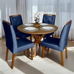 Mesa Redonda Simpatia 108 Cinamono com 4 Cadeiras Yasmim Veludo Azul – JCM MOVELARIA + KM DECOR