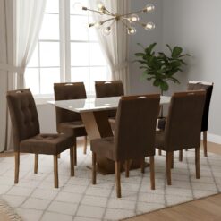 Mesa Classic 160 Cinamomo/Off White com 6 Cadeiras Sophia Veludo Marrom – CEL MÓVEIS + WM DECOR