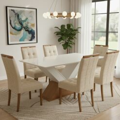 Mesa Amora BA35 160 Canela/Off White com 6 Cadeiras Sophia Linho Bege 200 – KAPPESBERG + WM DECOR