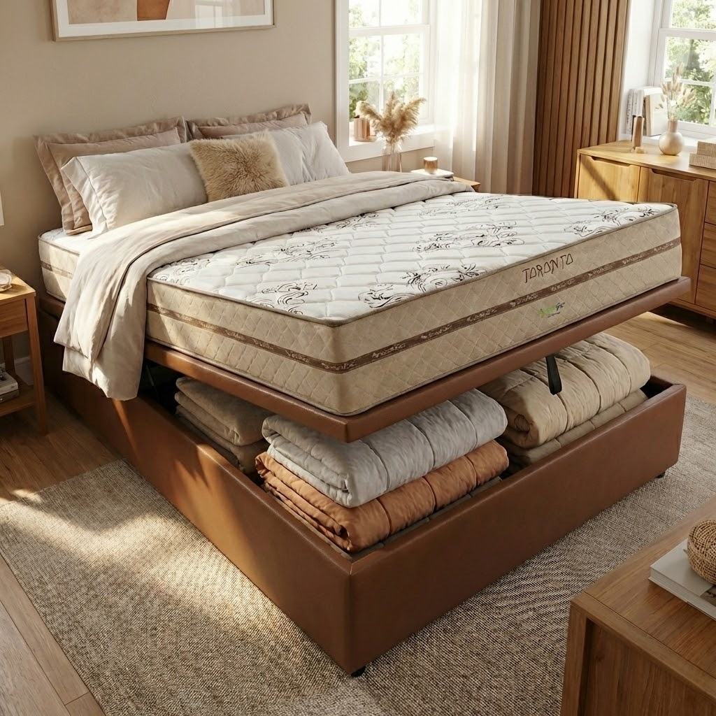 Colchão Casal Toronto D28 + Base Box Baú Corino Marrom – ECOTEC + ALTO NÍVEL CAMAS E COLCHÕES