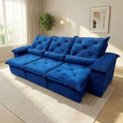 Sofá Retrátil e Reclinável Porto Madero/Brasão 2,75 m Veludo Azul - IMPERIAL DECOR