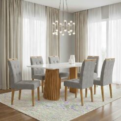 Mesa Nevada 170 (Tampo Smart Plus) Cinamomo/Off White com 6 Cadeiras Sophia Linho Cinza Grafite 202 – CEL MÓVEIS + WM DE