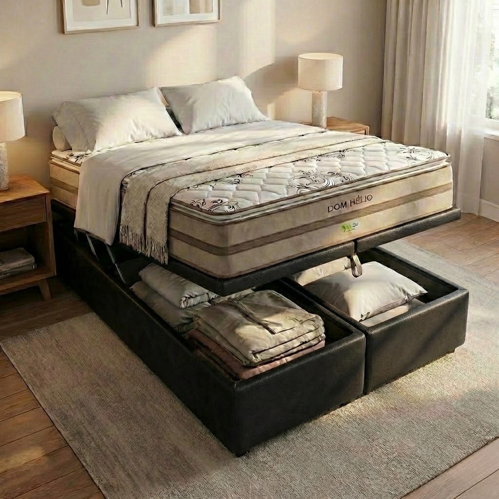 Colchão Queen Dom Helio VX D28 + Base Box Baú Corino Preto – ECOTEC + ALTO NÍVEL CAMAS E COLCHÕES