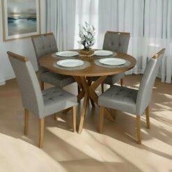 Mesa Redonda Simpatia 108 Cinamomo com 4 Cadeiras Sophia Linho Cinza Grafite 206 – JCM MOVELARIA + WM DECOR